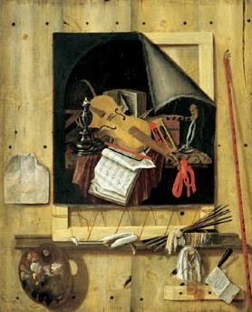 Cornelius Gijsbrechts Trompe l ail mit Atelierwand und Vanitasstillleben oil painting image
